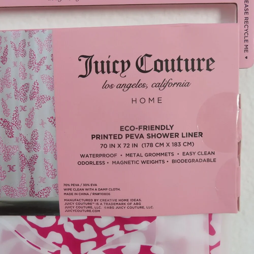 (#117) Juicy Couture PEVA Pink Butterfly Shower Curtain Liner Bathroom 70x72